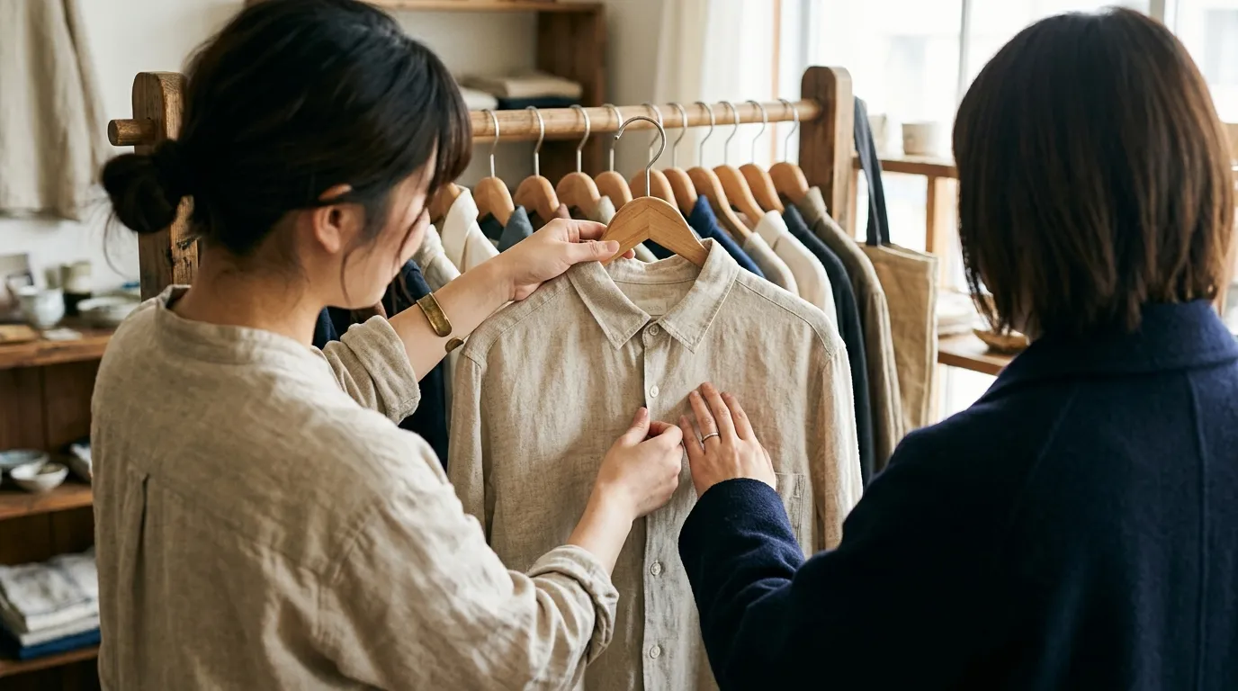 セレクトショップの店内で、店員がハンガーラックのシャツをお客様に見せている手元の写真