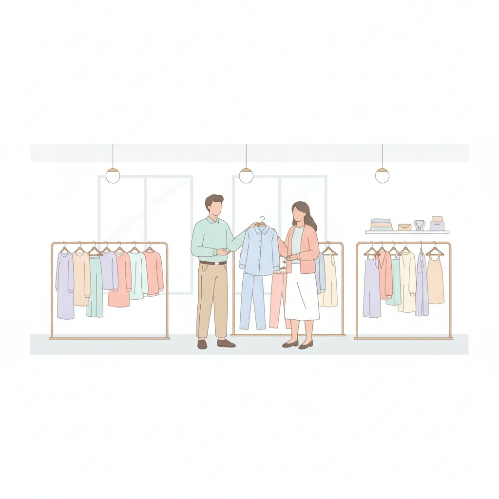 アパレルショップで店員が来店客に洋服を提案しているイラスト