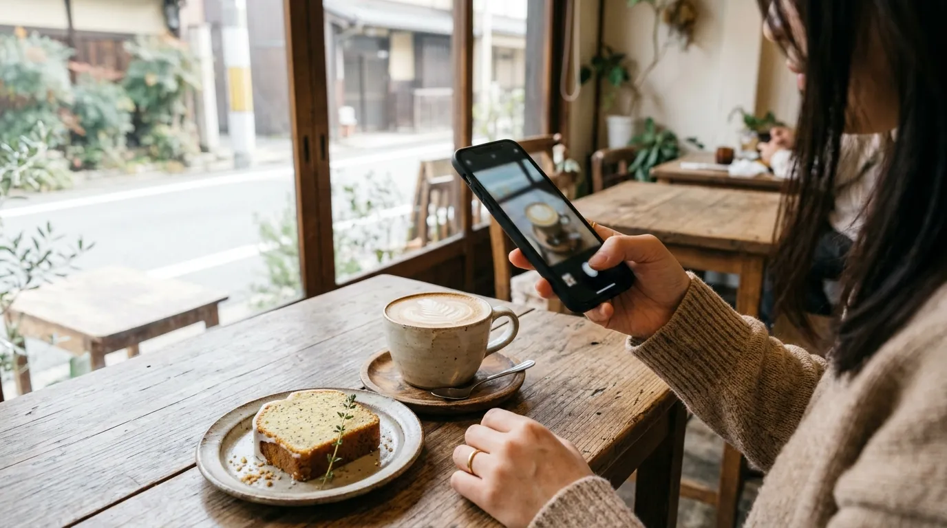窓際のカフェのテーブルで、ラテとケーキをスマートフォンで撮影している手元の写真