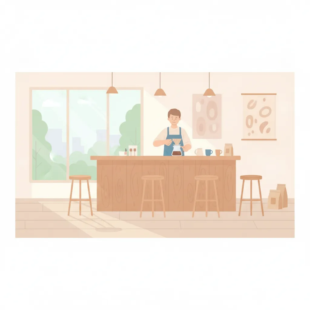 カフェのカウンターで店主がコーヒーを淹れている、窓から光が差すイラスト