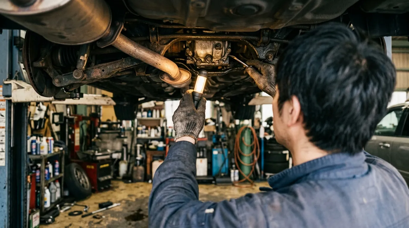 整備工場でリフトに上げた車の下回りを整備士がライトで点検している手元の写真