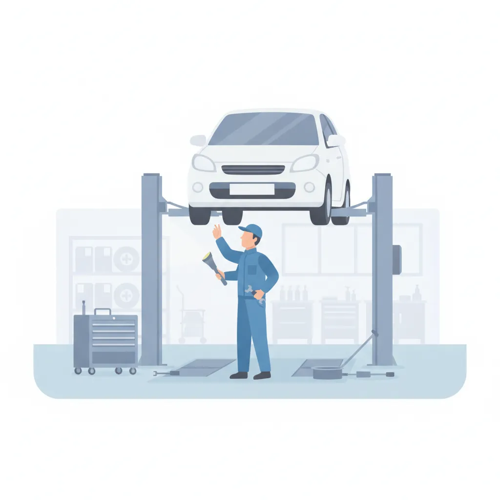 自動車整備工場でリフトに上げた車を整備士が点検しているイラスト