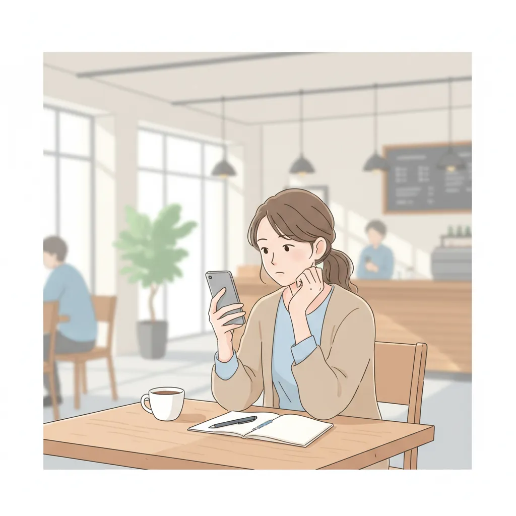 カフェ席で女性客がスマートフォン画面を見ながら、感想を言葉にできずに考え込んでいるシーン