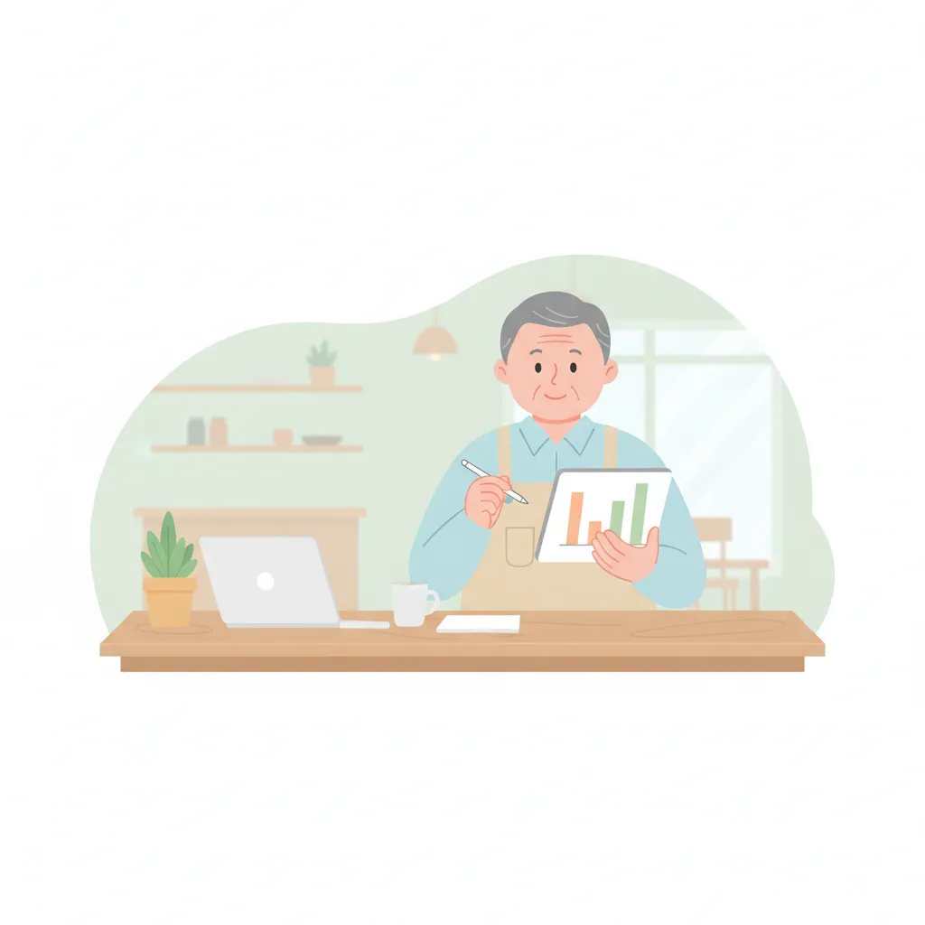 店主がタブレットで2店舗のグラフを比較分析しているイラスト