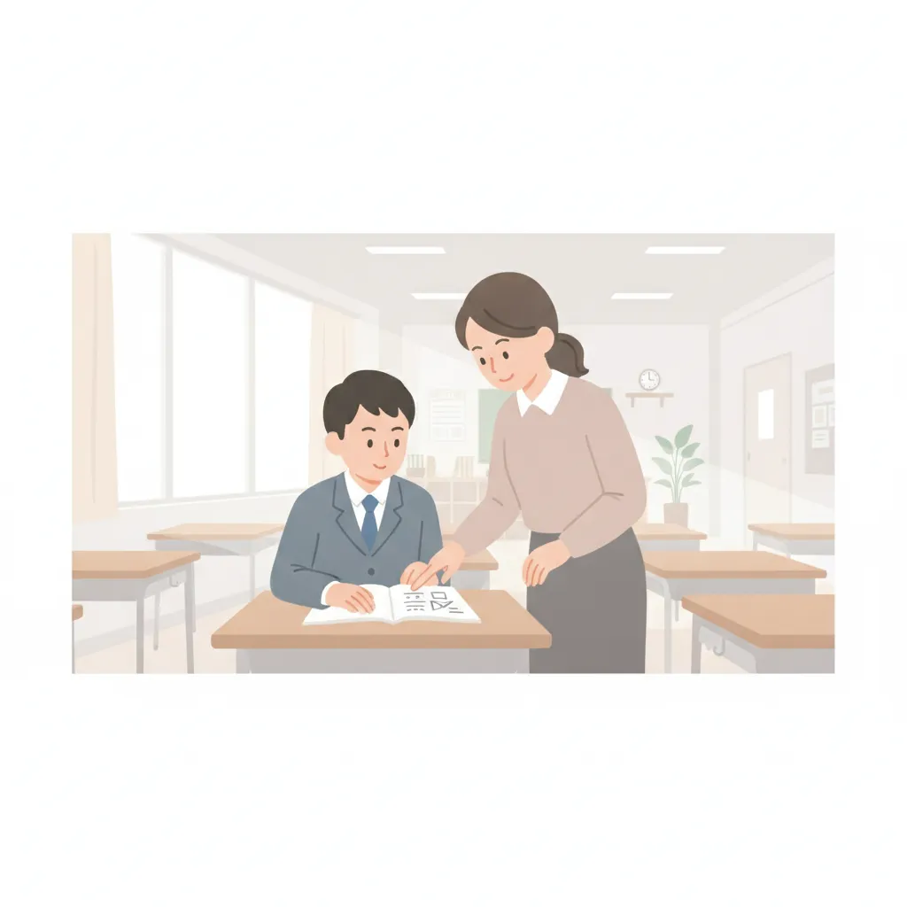 学習塾の教室で講師が生徒の横でノートを指して教えているイラスト