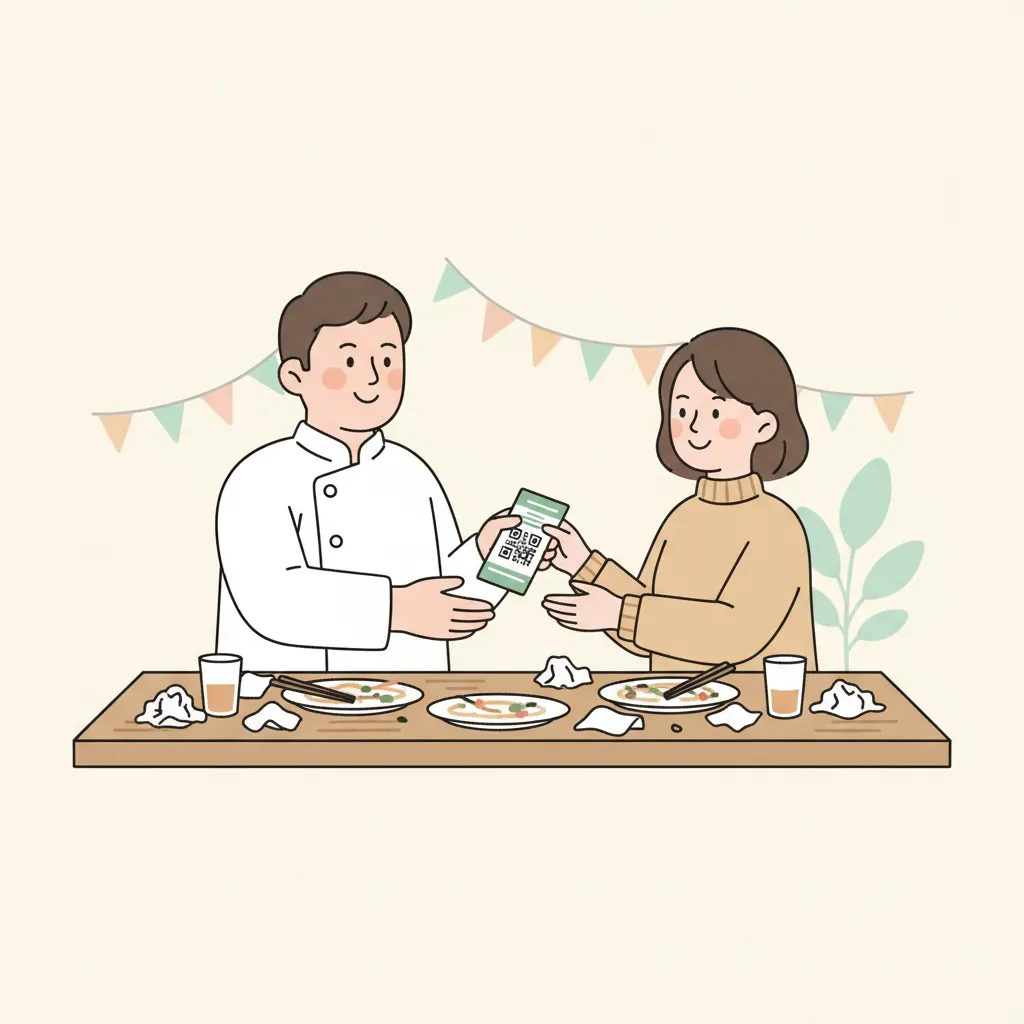 飲食店のイベント終了直後、店主が参加者にQRコード入りカードを渡しているシーン
