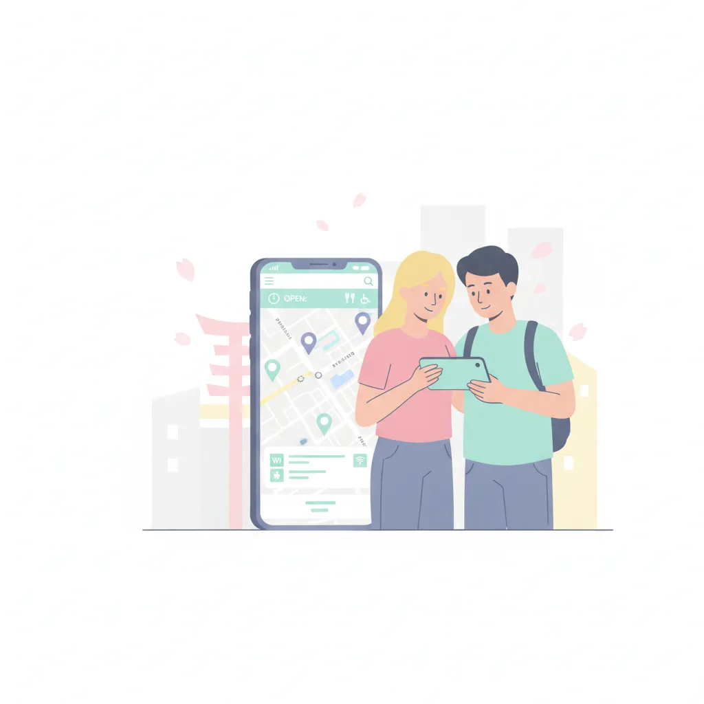 外国人観光客がスマホの地図で店舗情報を確認するイラスト