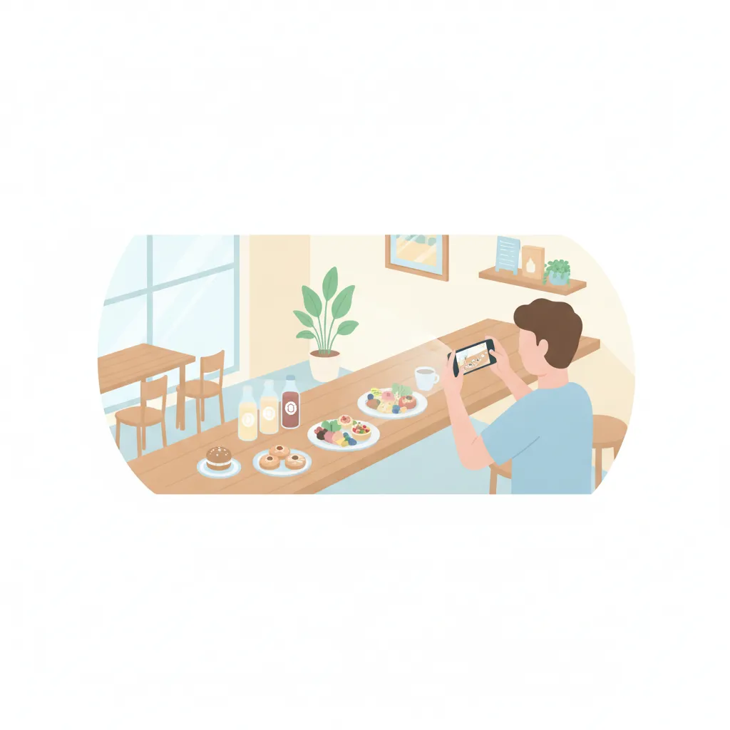 店主がスマホでカウンターの料理や商品を撮影しているイラスト