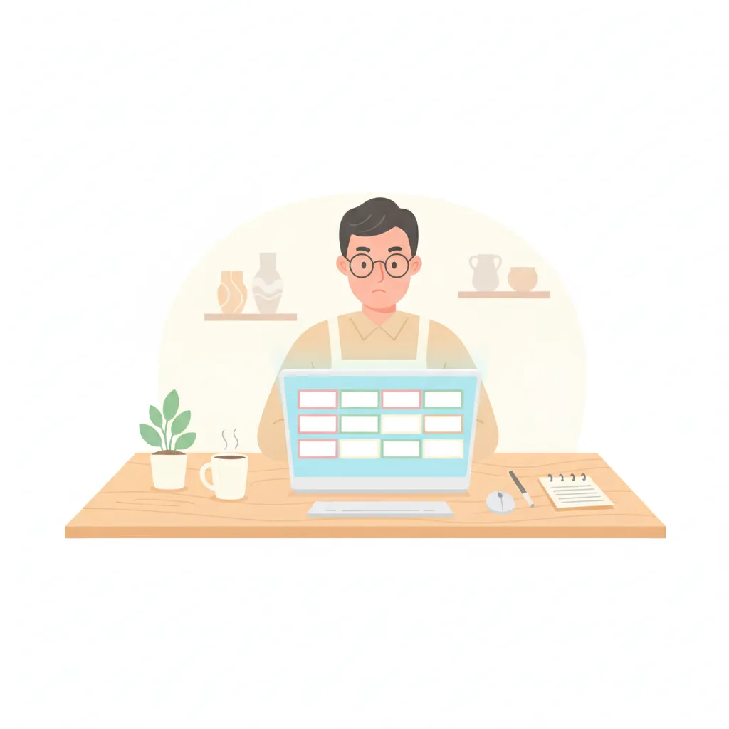 店主がノートパソコンでお知らせカードを作成しているイラスト