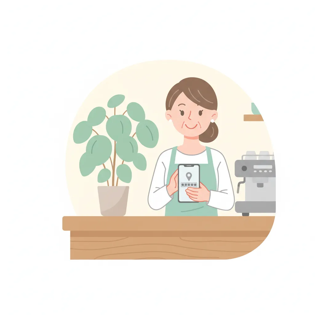 店主がスマートフォンで自店のGoogleビジネスプロフィールを確認しているシーン