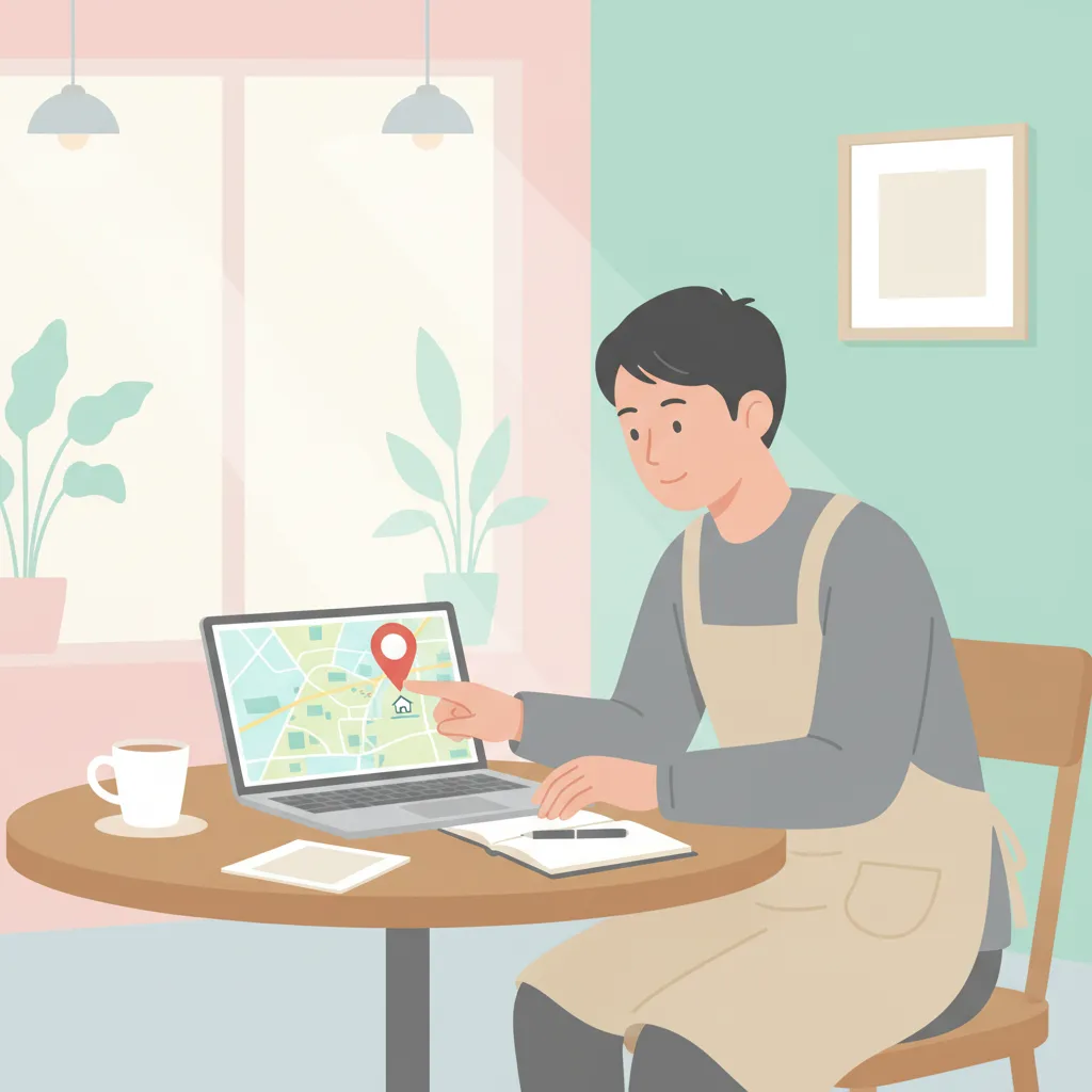 店舗オーナーが Google マップ上で自店の順位を確認しているシーン