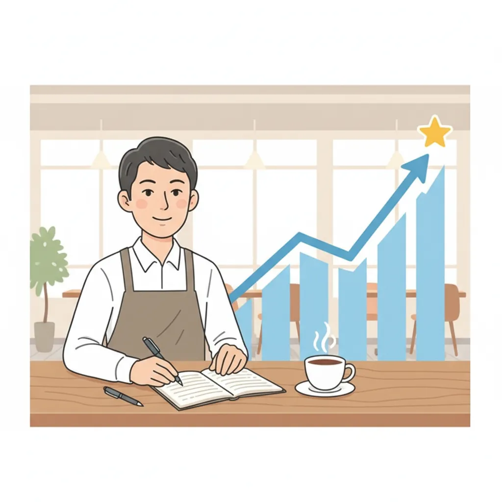 店主が右肩上がりのグラフと★評価を見ながら改善計画を立てているシーン
