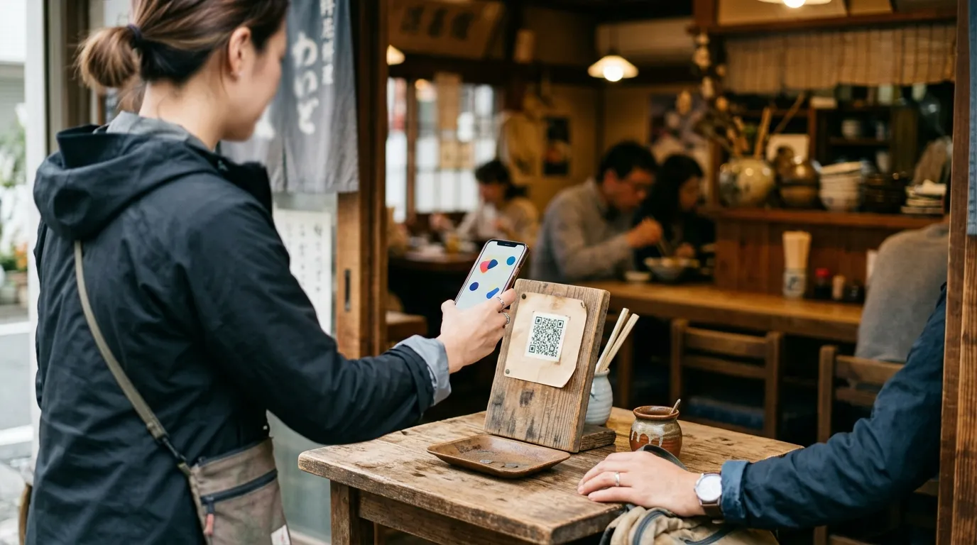 飲食店の入口で、旅行者がスマートフォンを QR コードスタンドにかざしている手元の写真