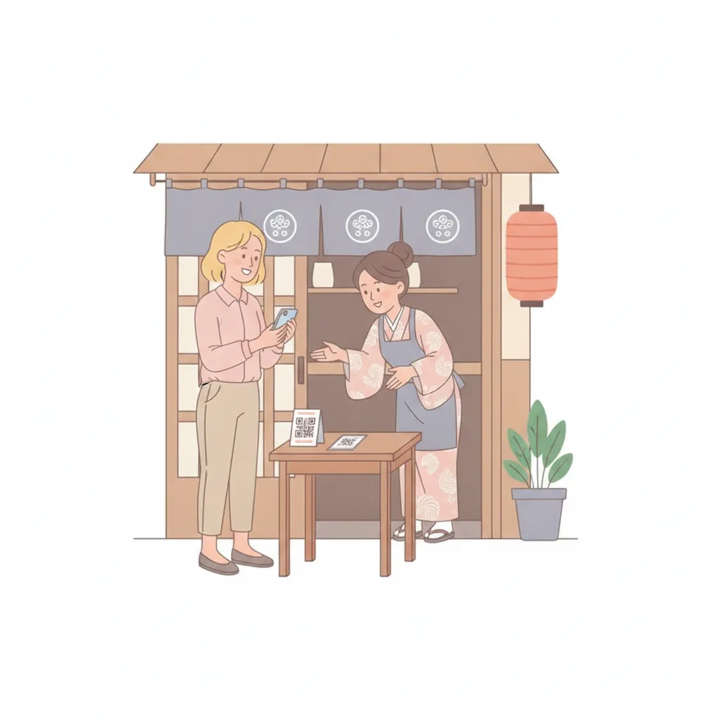 店先で外国人観光客がスマホでQRコードを読み取り店主が笑顔で迎えるイラスト