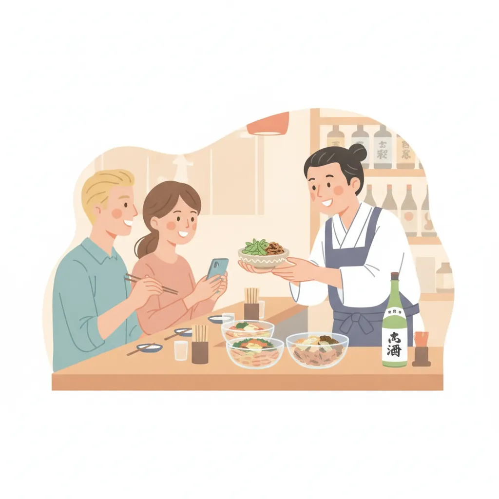 居酒屋で外国人客にお通しを笑顔で説明する店主のイラスト