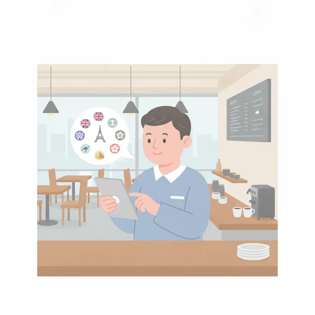 飲食店の店主がタブレットで多言語のレビューに返信するイラスト