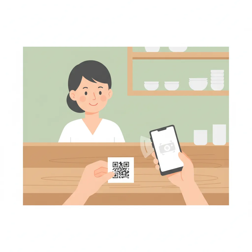 店舗カウンターで QR コードカードをお客様に渡す店主のイラスト