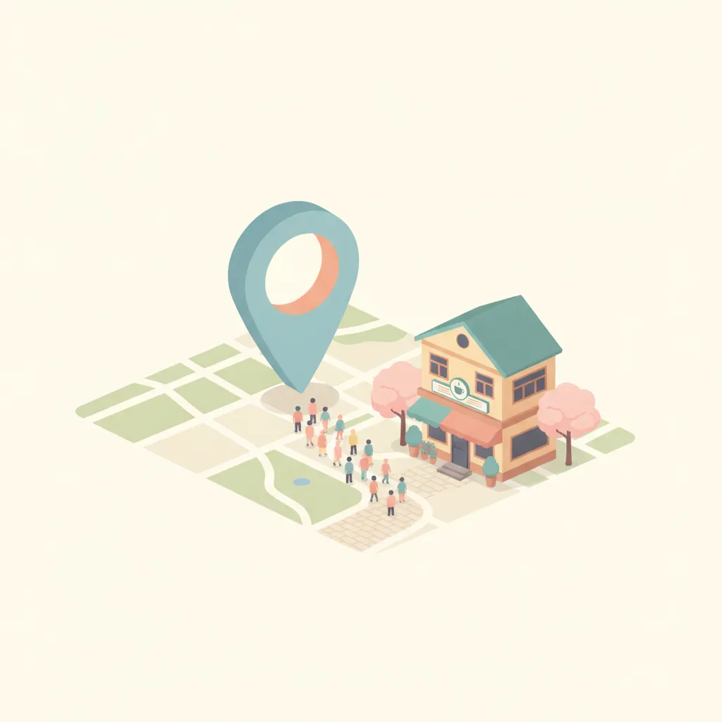 地図のピンから店舗へ人々が歩いていくフラットなイラスト