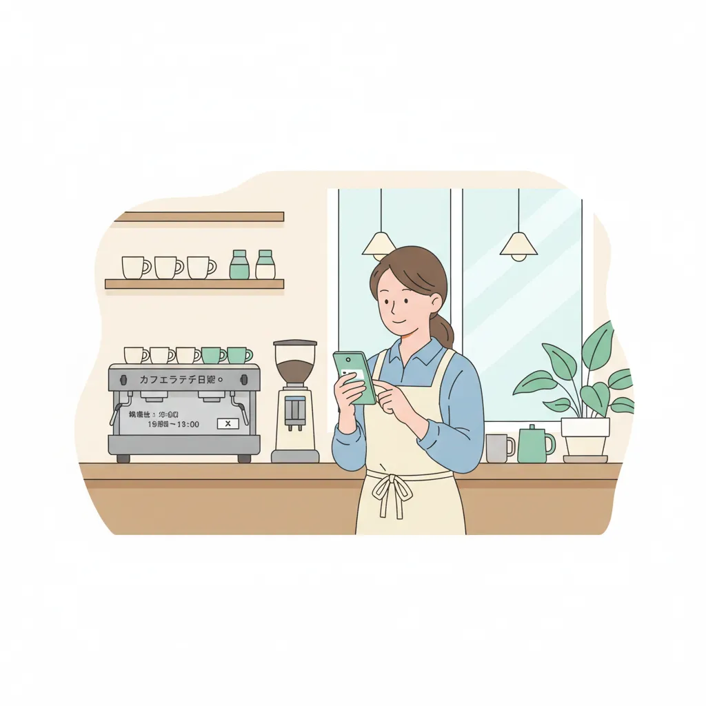店舗オーナーがスマートフォンで Google ビジネスプロフィールを編集しているシーン