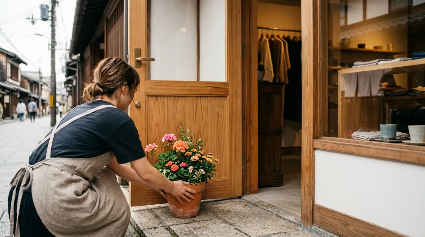 開店初日の朝、新しい店の入口に店主が鉢植えを置いている手元の写真