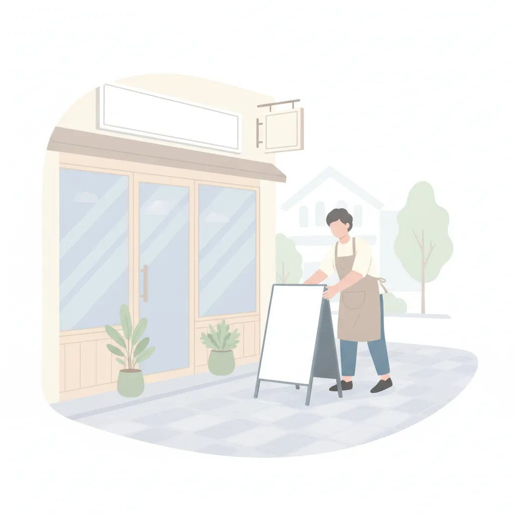 新規開店した店の前で店主が立て看板を出しているイラスト