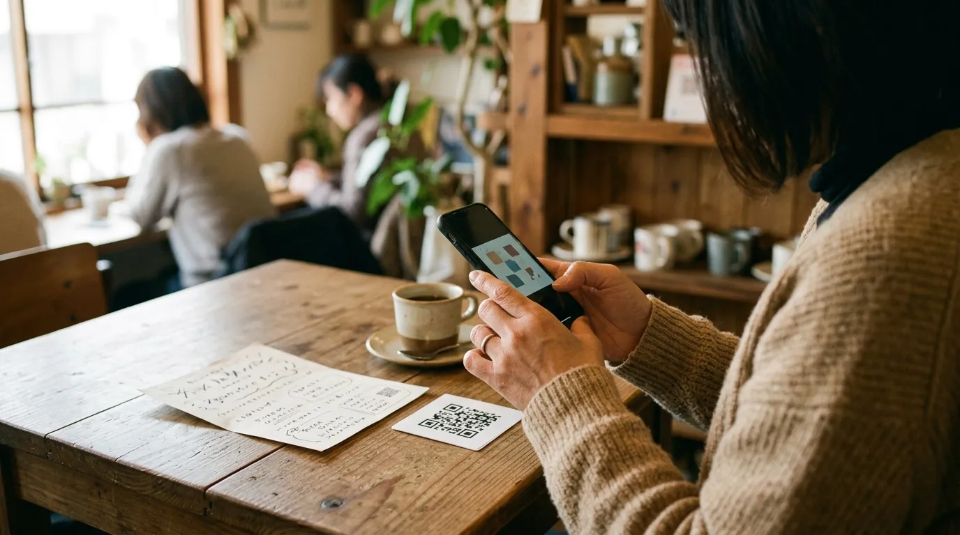 テーブルのチラシと QR カードを、お客様がスマートフォンで読み取っている手元の写真