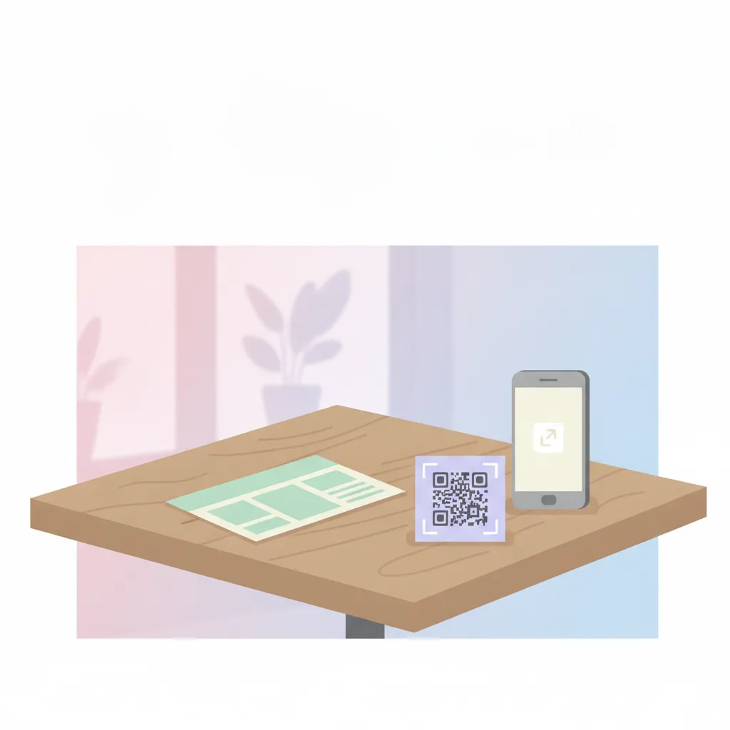 テーブルにチラシとQRカードが並びスマホで読み取るイラスト