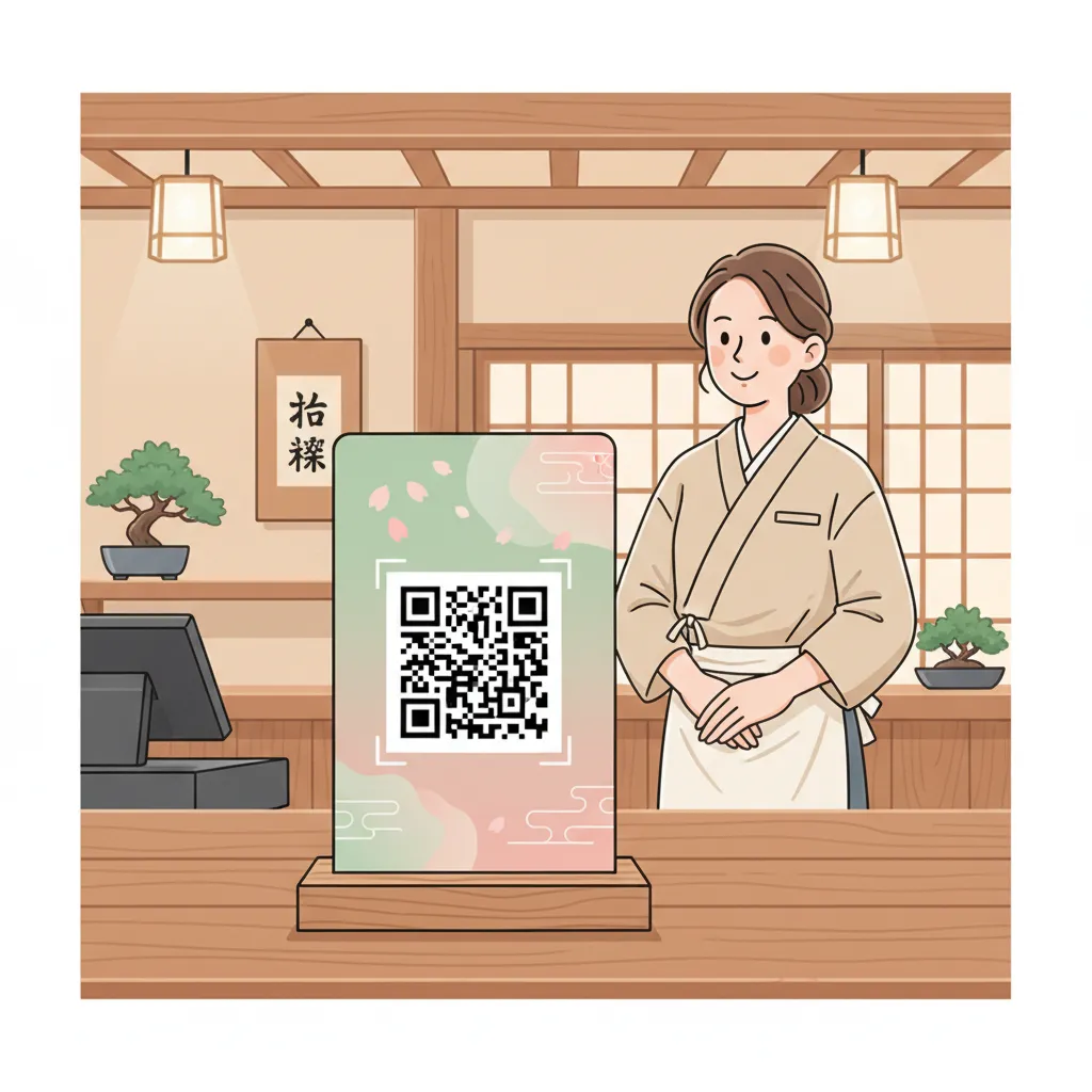 和食店のレジ脇に立てかけられた QR コードカードと、笑顔で会計を案内するスタッフのシーン