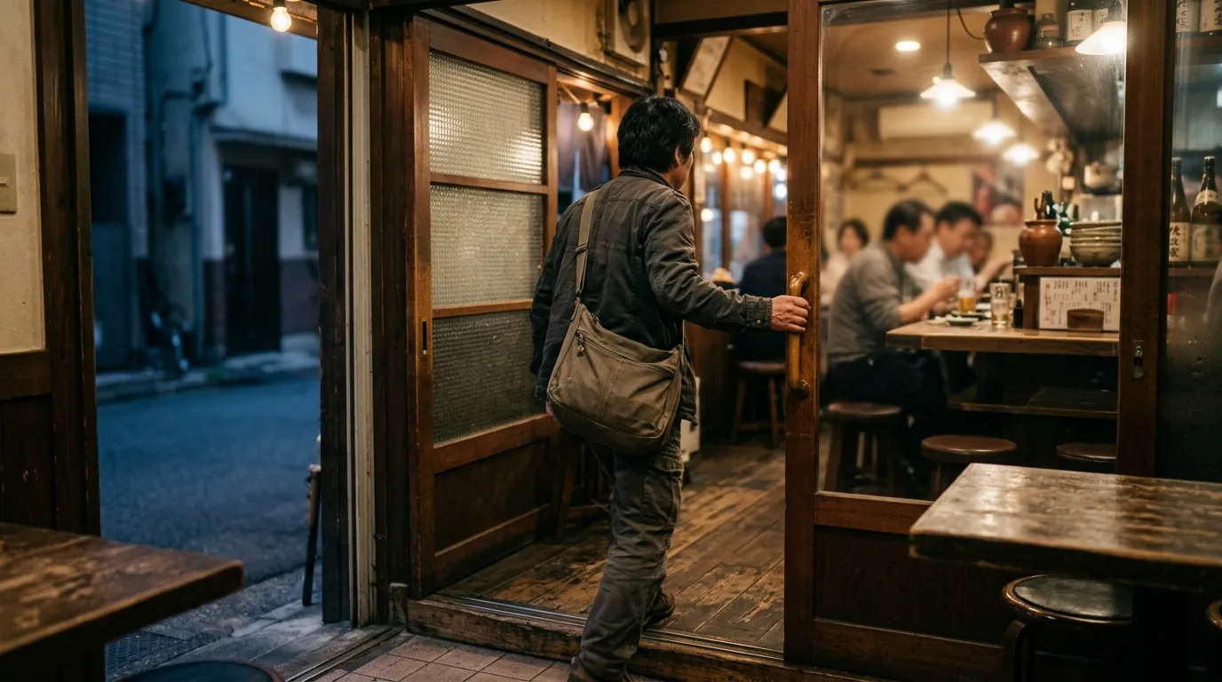 常連客が飲食店の引き戸を開けて入ってくる様子を店内から見た写真