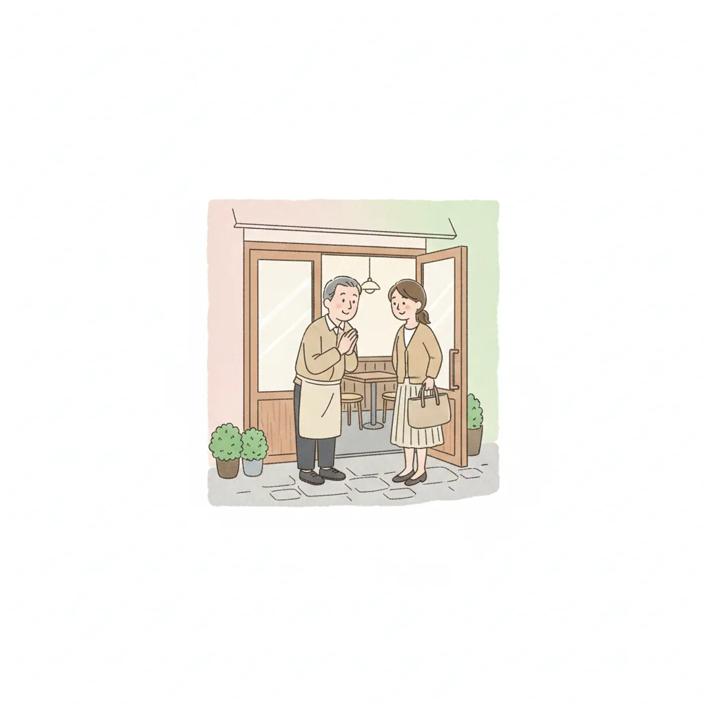 店の入口で店主が常連客を笑顔で出迎えているイラスト