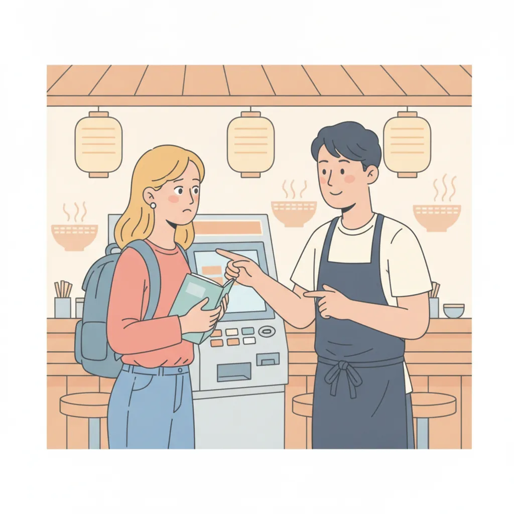 ラーメン店の券売機を外国人客に案内する店員のイラスト