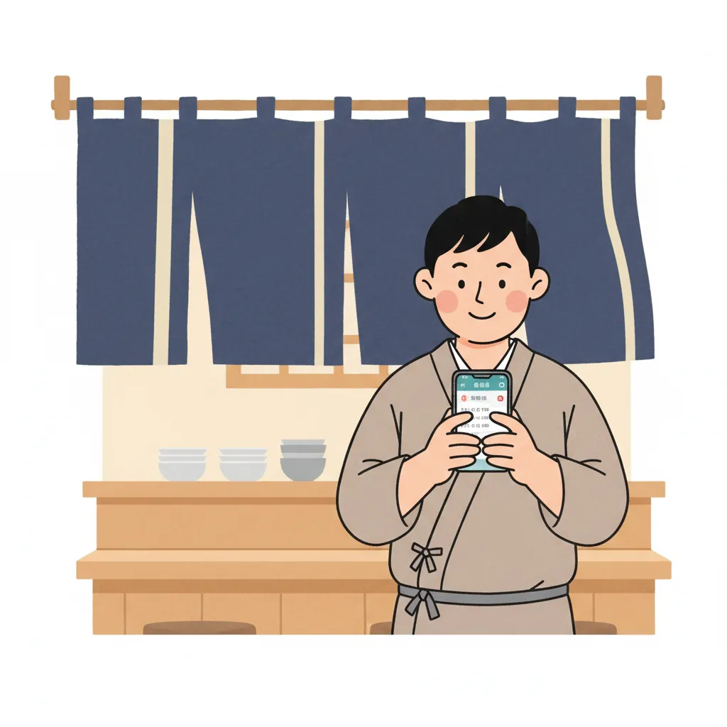 飲食店の店主がスマートフォンで Google マップの予約画面を確認しているシーン
