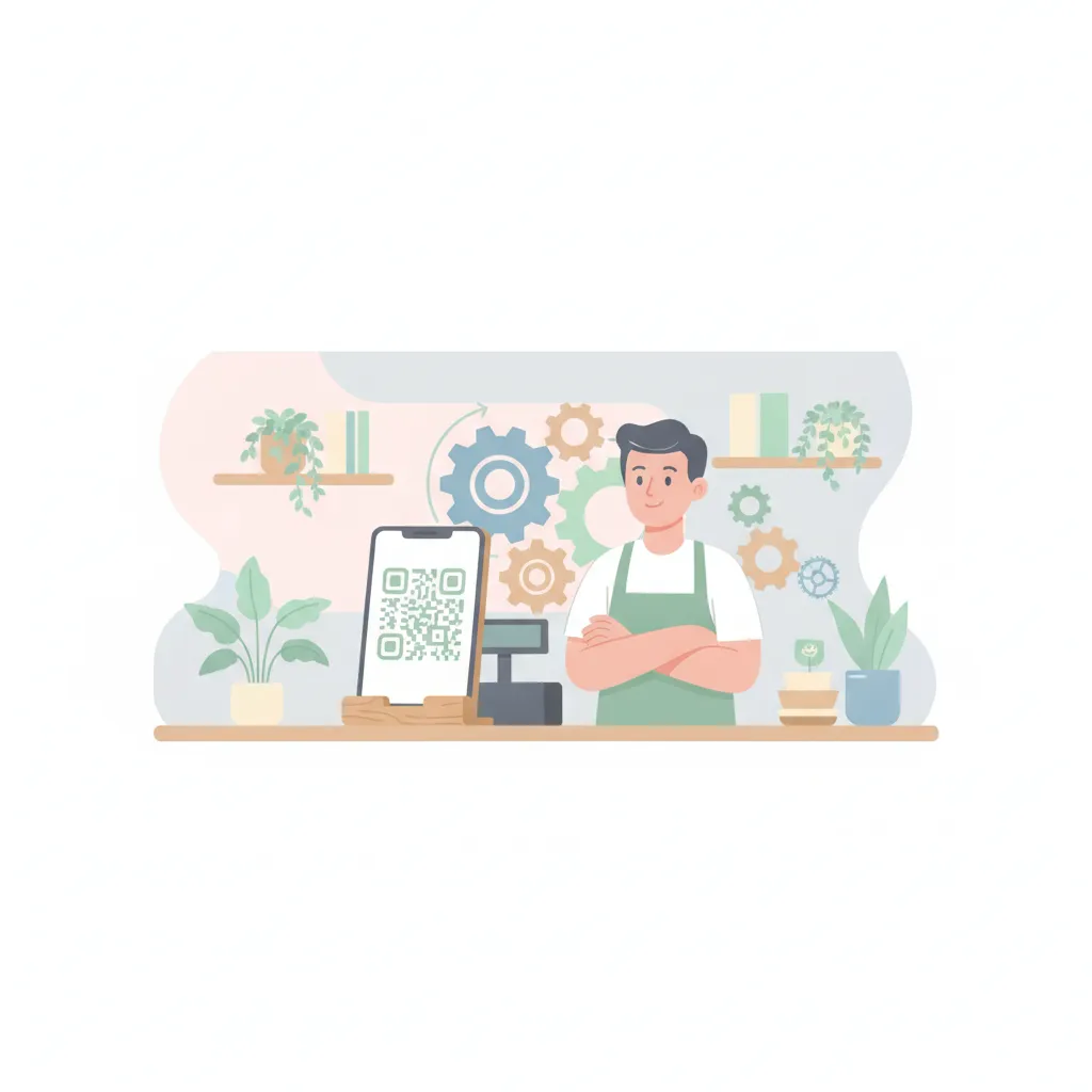 レジ横のQRスタンドと歯車が回る自動化のイラスト