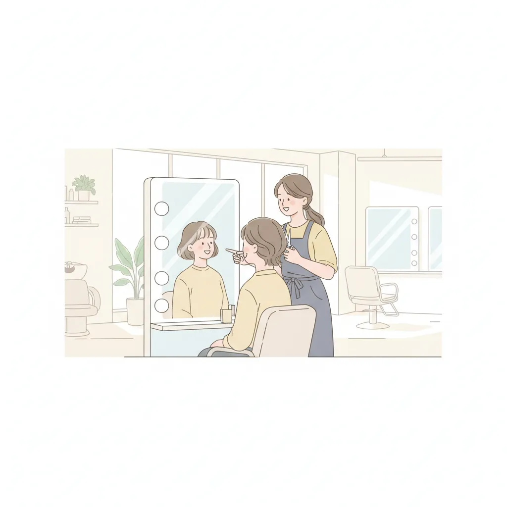 美容室で施術後のお客様にスタイリストが鏡越しに笑顔で話しかけているシーン
