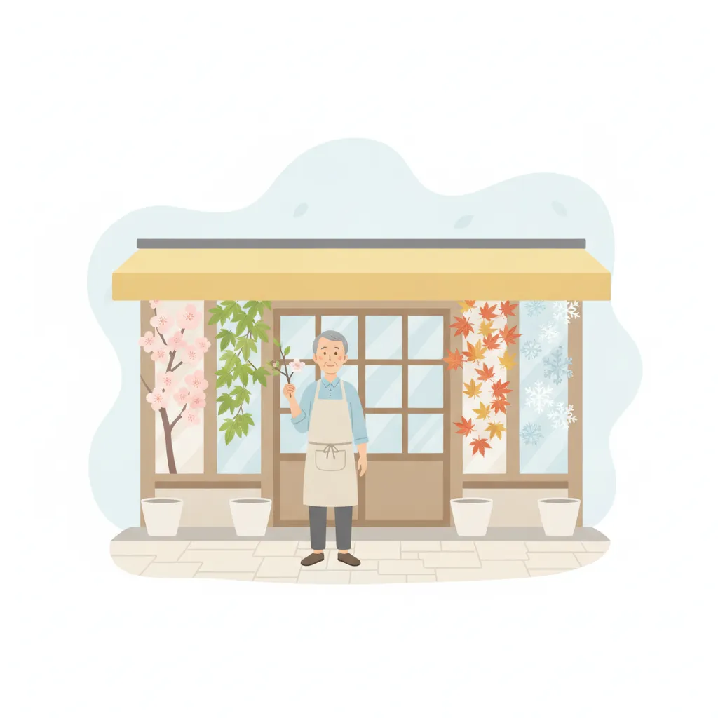 店先に四季の装飾が並び店主が季節の飾りを持つイラスト