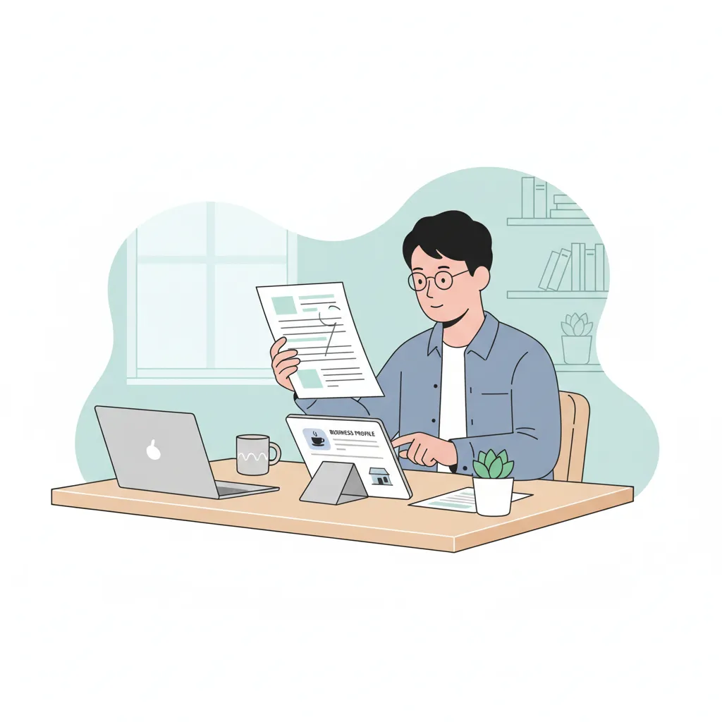 店舗オーナーが Google のガイドライン書類を確認しながら、ビジネスプロフィール画面を慎重に見直しているシーン