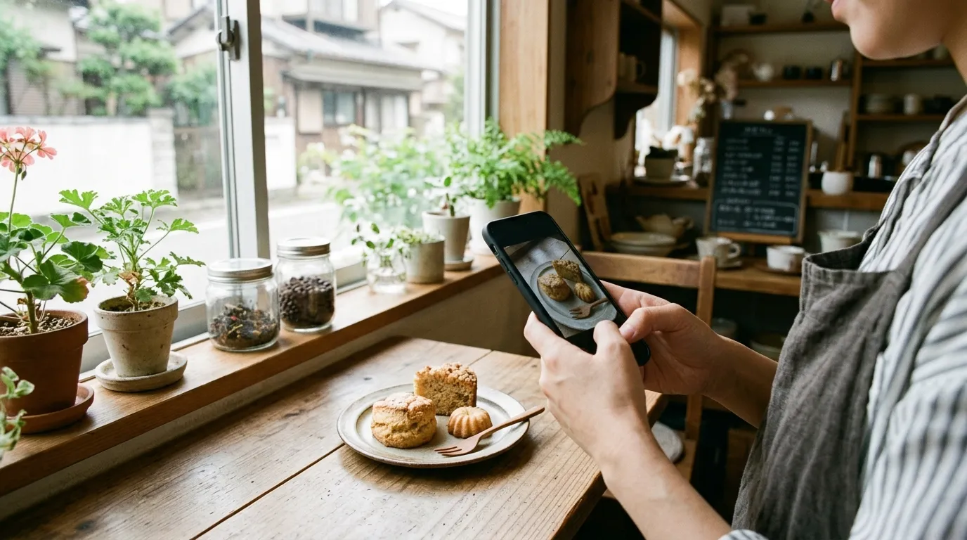 カフェのテーブルで、店主がスマートフォンで焼き菓子を撮影している手元の写真