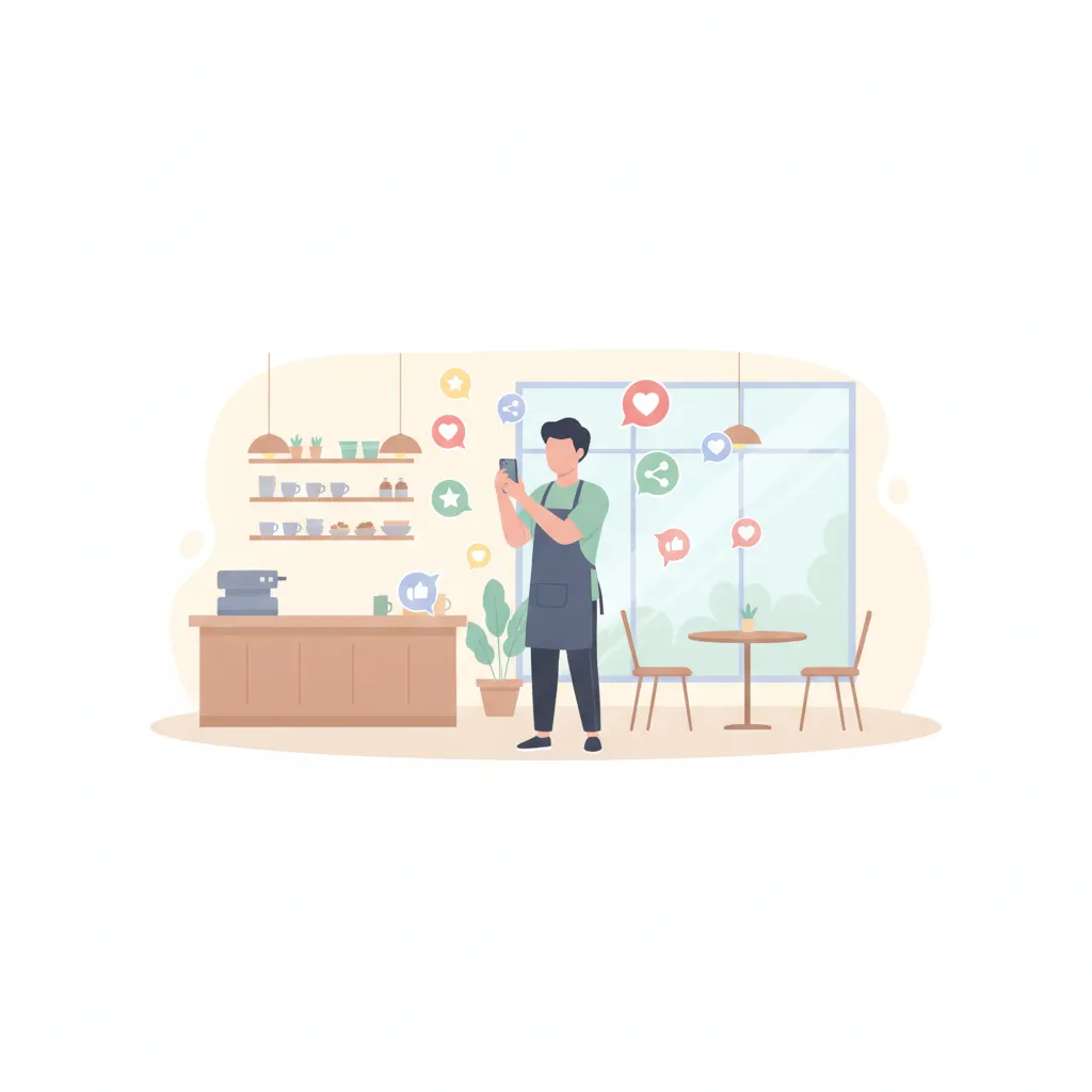 店主がスマホで店の写真を撮り、吹き出しが広がるイラスト